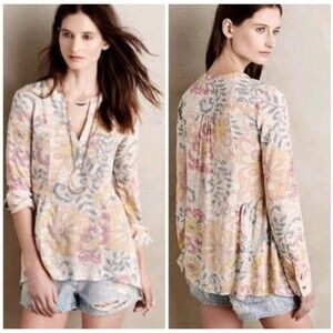 Anthropologie Maeve Sz 2 Laiken Popover Oversized Tunic Top Floral Boho Peasant
